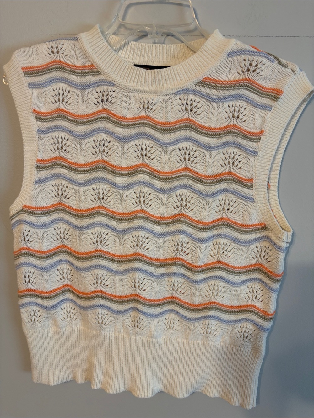 Frye Cream Knit Sleeveless Crewneck Sweater with Orange and Light Blue Stripes